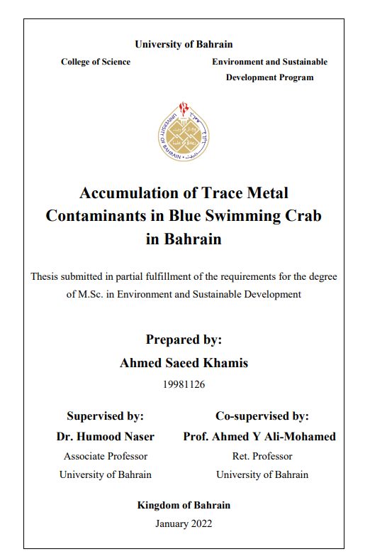 Accumulation of Trace Metal Contaminants in Blue Swimming Crab in Bahrain