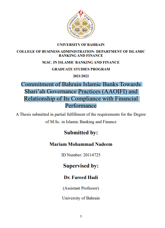 Commitment of Bahrain Islamic Banks Towards Shari’ah Governance Practices (AAOIFI) and Relationship of Its Compliance with Financial Performance