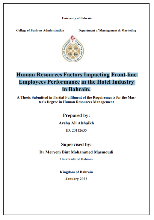 Human Resources Factors Impacting Front-line Employees Performance in the Hotel Industry in Bahrain