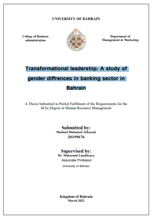 Transformational leadership : A study of gender diffrences in banking sector in Bahrain