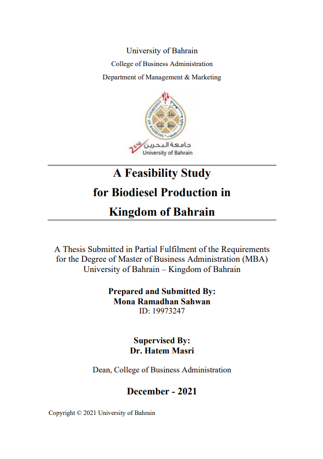 A Feasibility Study  for Biodiesel Production in  Kingdom of Bahrain