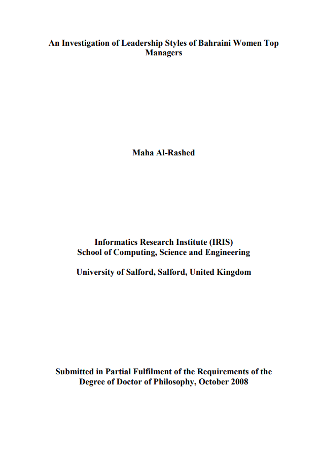 An Investigation of Leadership Styles of Bahraini Women Top Managers