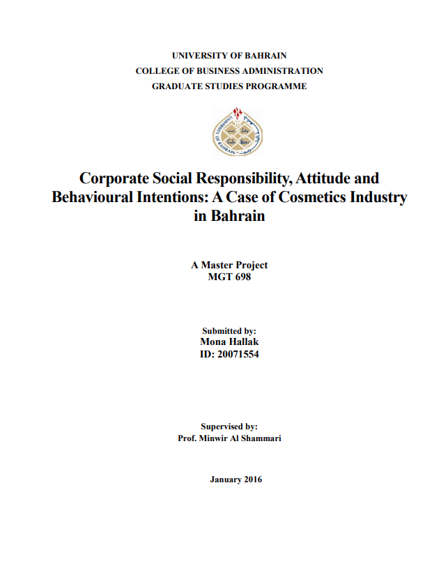 Corporate Social Responsibility, Attitude and  Behavioural Intentions: A Case of Cosmetics Industry  in Bahrain