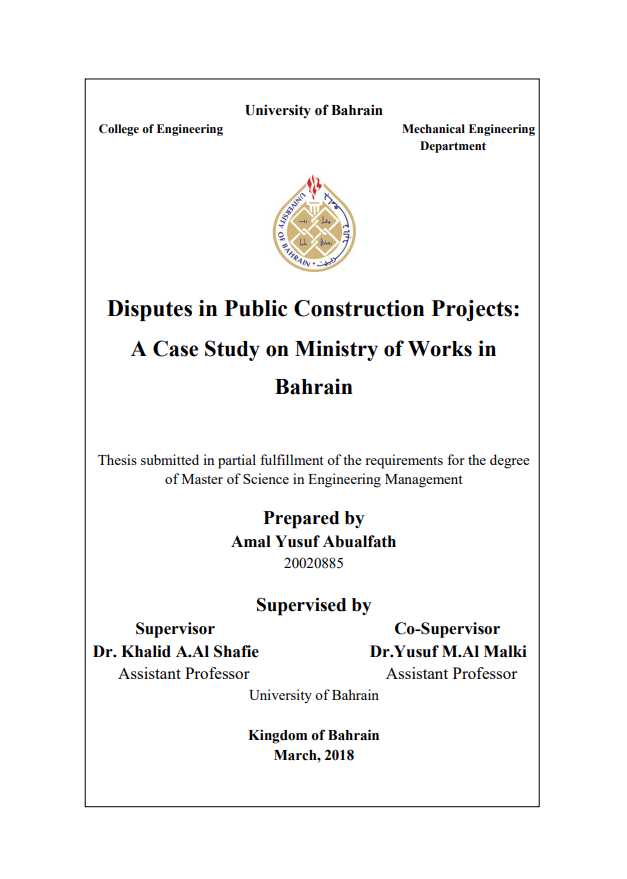 Disputes in Public Construction Projects: A Case Study on Ministry of Works in  Bahrain