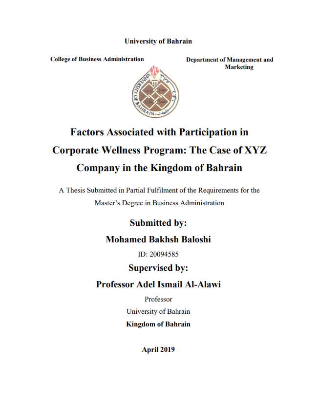 Factors Associated with Participation in Corporate Wellness Program: The Case of XYZ  Company in the Kingdom of Bahrain