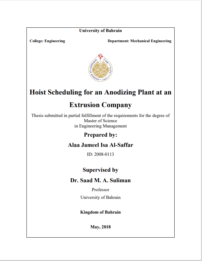 Hoist Scheduling for an Anodizing Plant at an  Extrusion Company