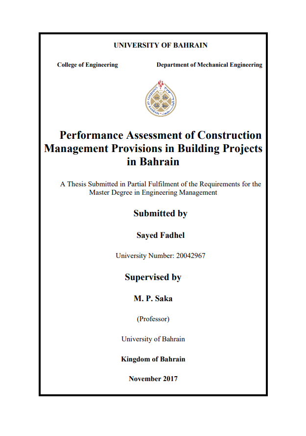 Performance Assessment of Construction  Management Provisions in Building Projects  in Bahrain