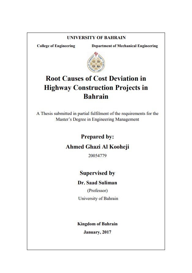 Root Causes of Cost Deviation in  Highway Construction Projects in  Bahrain