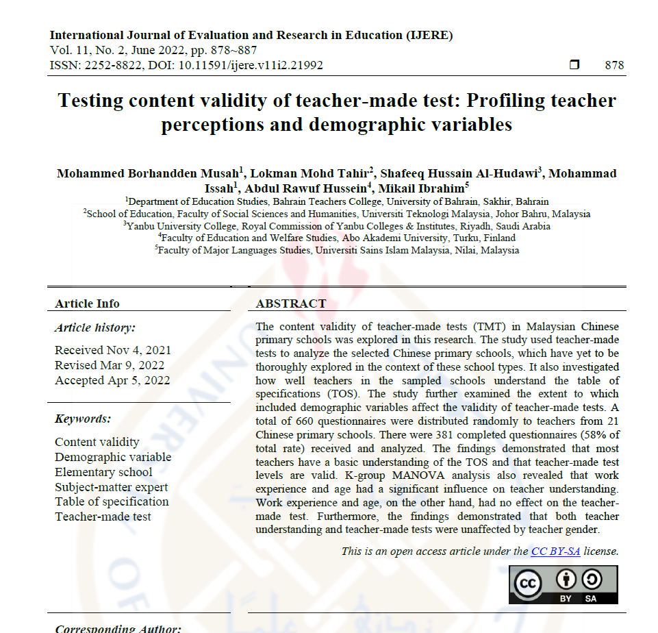 Testing content validity of teacher-made test: Profiling teacher perceptions and demographic variables