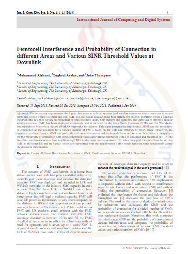 Femtocell Interference and Probability of Connection in different Areas and Various SINR Threshold Values at Downlink