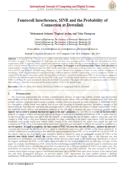 Femtocell Interference, SINR and the Probability of Connection at Downlink