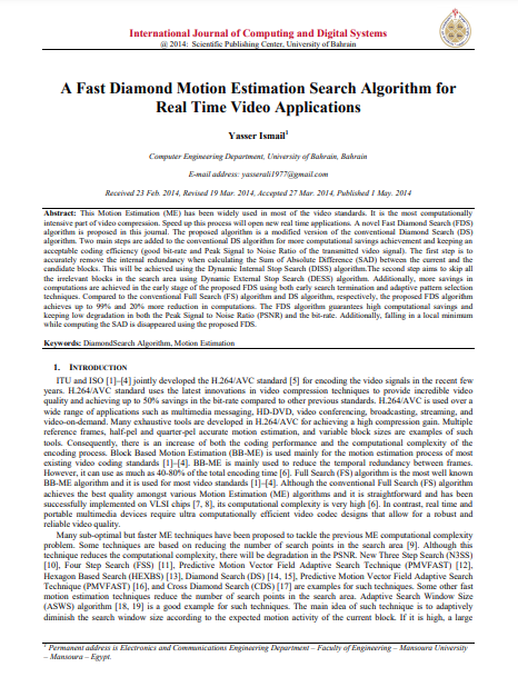 A Fast Diamond Motion Estimation Search Algorithm for Real Time Video Applications