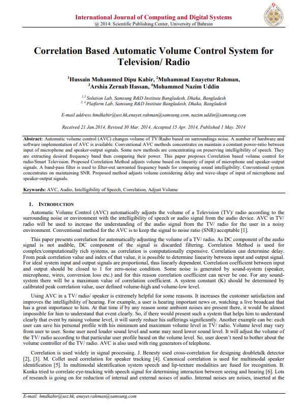 Correlation Based Automatic Volume Control System for Television/ Radio