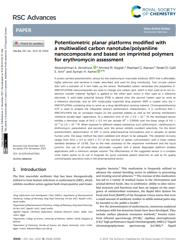 Potentiometric planar platforms modified with a multiwalled carbon nanotube/polyaniline nanocomposite and based on imprinted polymers for erythromycin assessment 