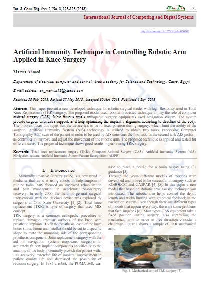 Artificial Immunity Technique in Controlling Robotic Arm Applied in Knee Surgery