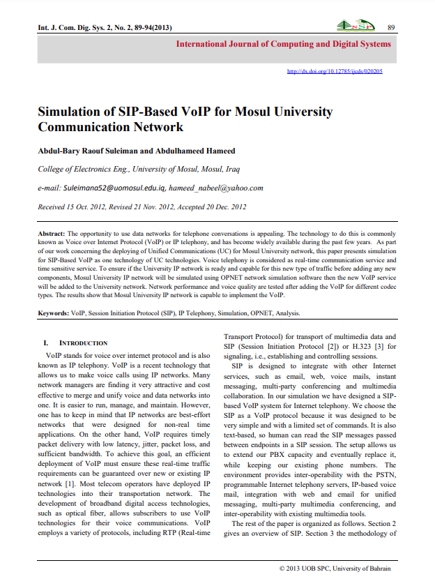 Simulation of SIP-Based VoIP for Mosul University Communication Network