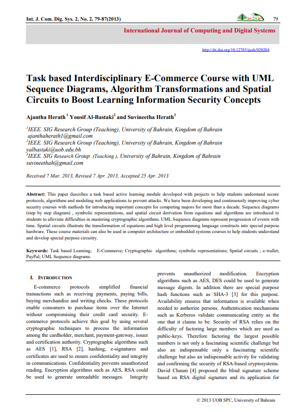 Task based Interdisciplinary E-Commerce Course with UML Sequence Diagrams, Algorithm Transformations and Spatial Circuits to Boost Learning Information Security Concepts