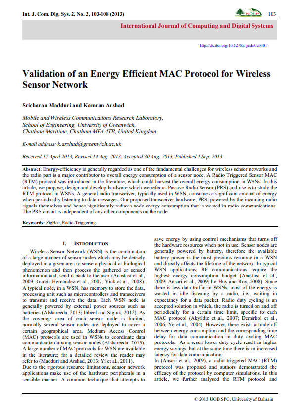 Validation of an Energy Efficient MAC Protocol for Wireless Sensor Network