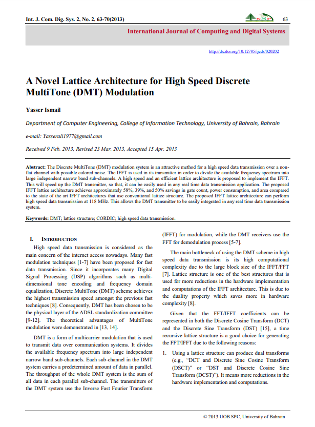 A Novel Lattice Architecture for High Speed Discrete MultiTone (DMT) Modulation