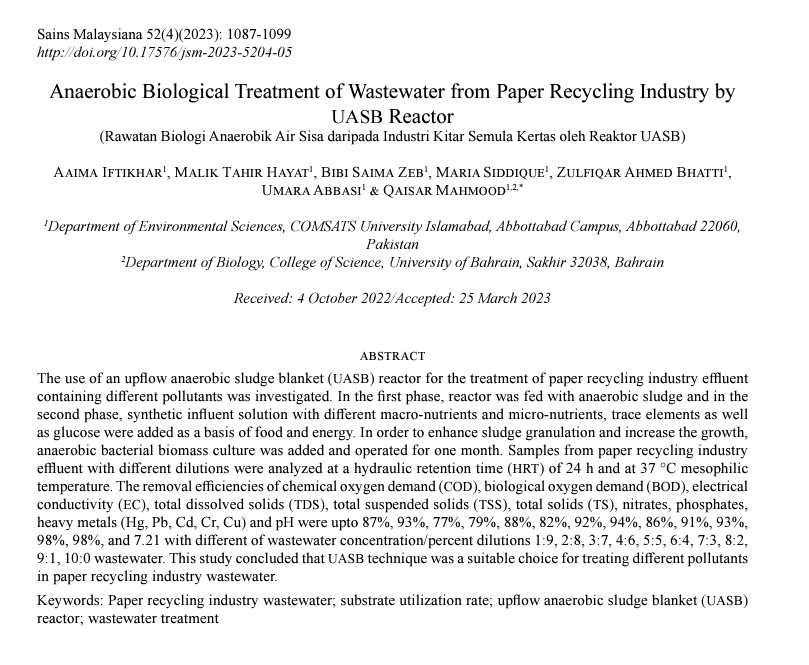 Anaerobic Biological Treatment of Wastewater from Paper Recycling Industry by UASB Reactor