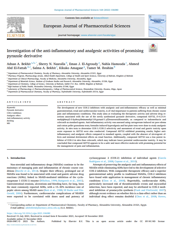 Investigation of the anti-inflammatory and analgesic activities of promising pyrazole derivative 