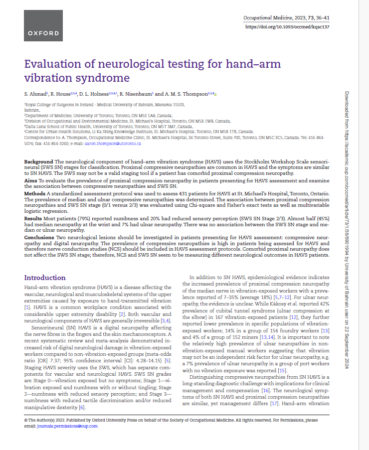 Evaluation of neurological testing for hand–arm  vibration syndrome