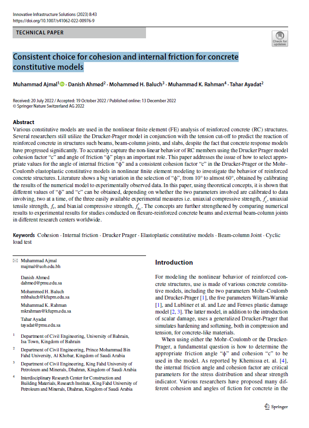 Consistent choice for cohesion and internal friction for concrete constitutive models 