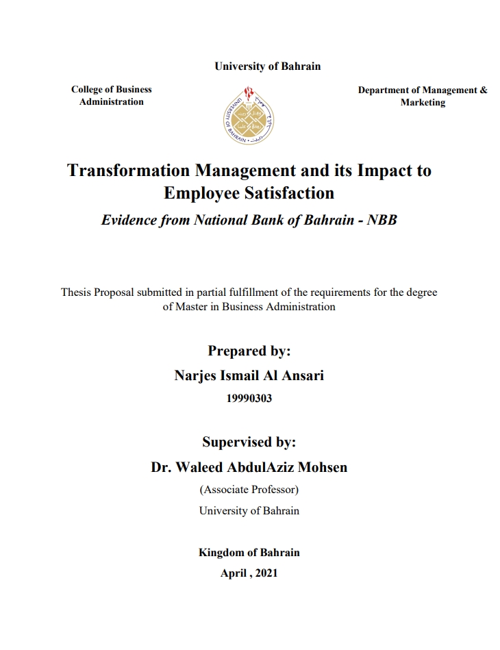 Transformation Management and its Impact to  Employee Satisfaction  Evidence from National Bank of Bahrain - NBB