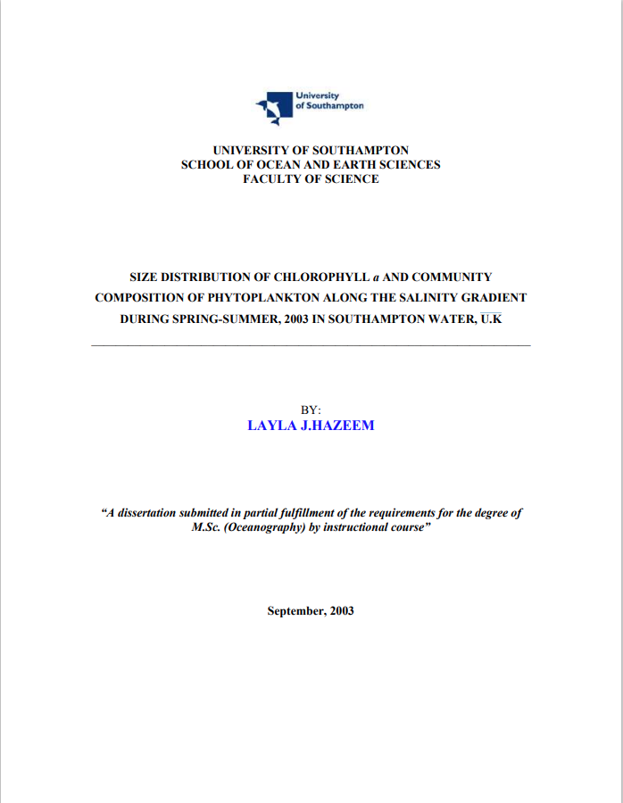 SIZE DISTRIBUTION OF CHLOROPHYLL a AND COMMUNITY COMPOSITION OF PHYTOPLANKTON ALONG THE SALINITY GRADIENT DURING SPRING-SUMMER, 2003 IN SOUTHAMPTON WATER, U.K