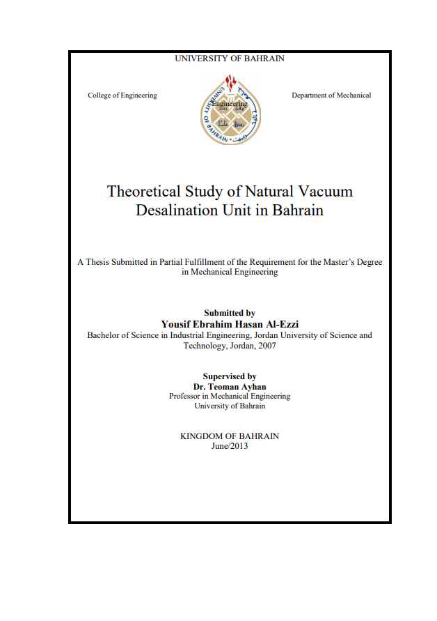 Theoretical Study of Natural Vacuum  Desalination Unit in Bahrain