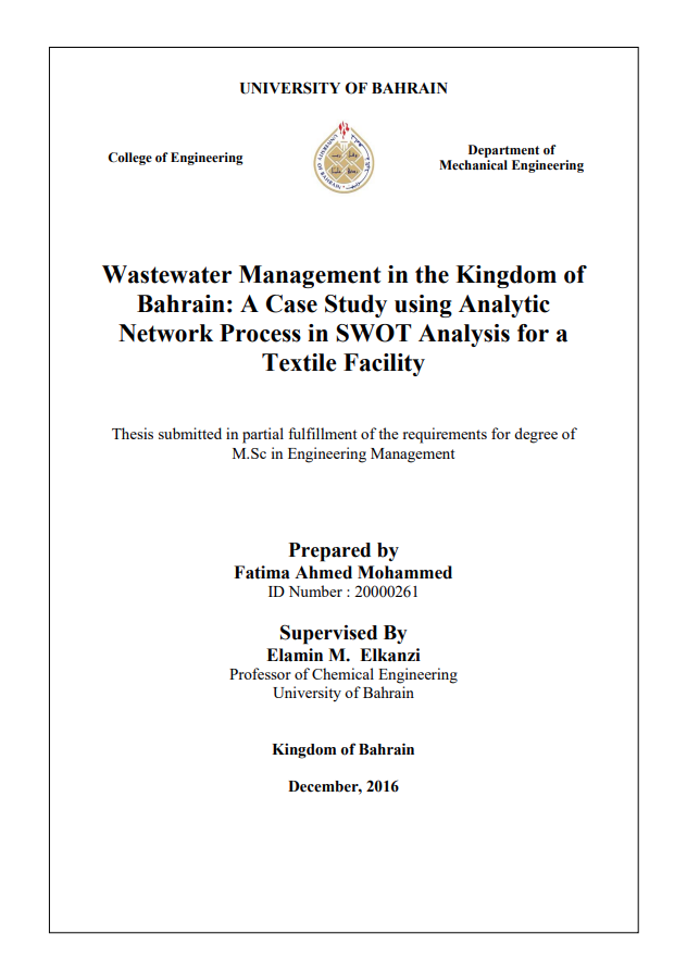 Wastewater Management in the Kingdom of  Bahrain: A Case Study using Analytic  Network Process in SWOT Analysis for a  Textile Facility