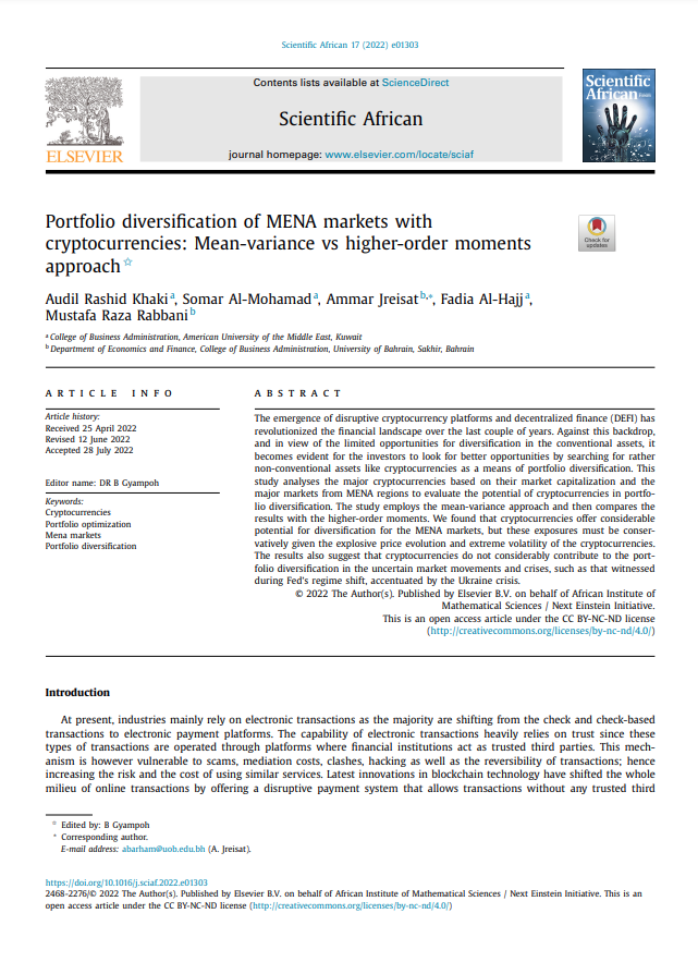 Portfolio diversification of MENA markets with cryptocurrencies: Mean-variance vs higher-order moments approach