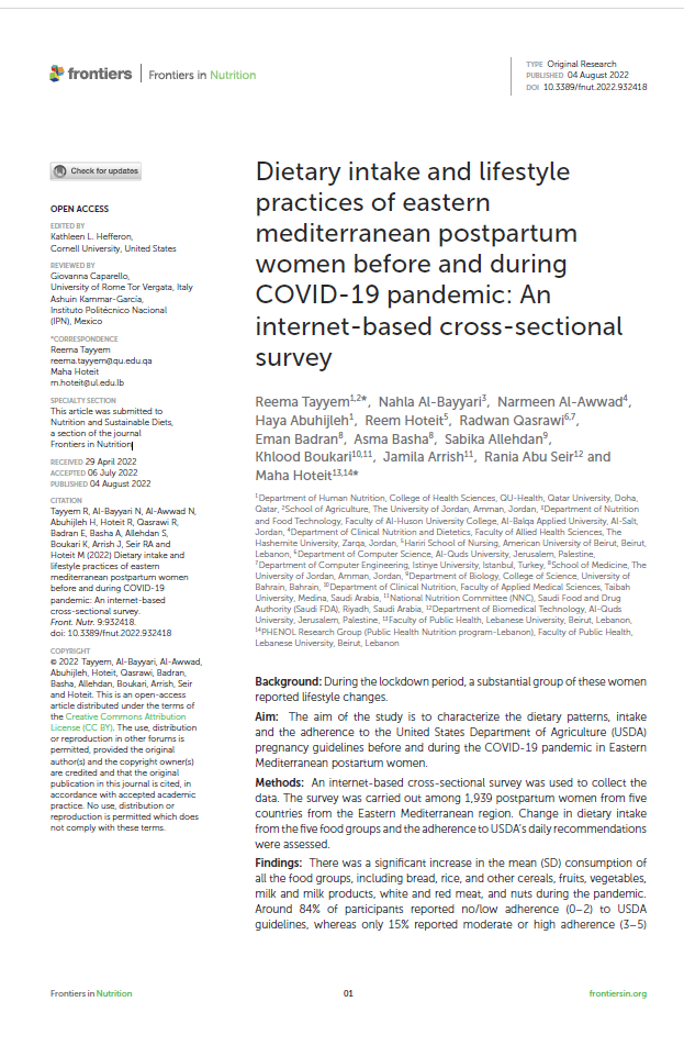 Dietary intake and lifestyle practices of eastern mediterranean postpartum women before and during COVID-19 pandemic: An internet-based cross-sectional survey