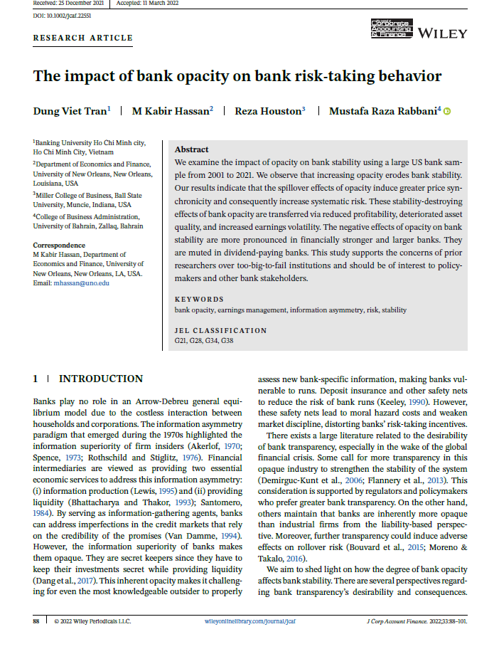 The impact of bank opacity on bank risk-taking behavior