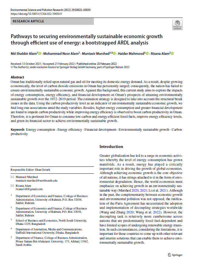 Pathways to securing environmentally sustainable economic growth through efficient use of energy: a bootstrapped ARDL analysis