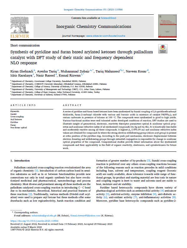 Synthesis of pyridine and furan based arylated ketones through palladium catalyst with DFT study of their static and frequency dependent NLO response