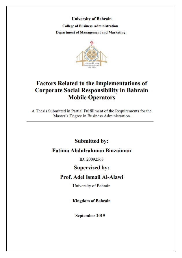 Factors Related to the Implementations of  Corporate Social Responsibility in Bahrain  Mobile Operators