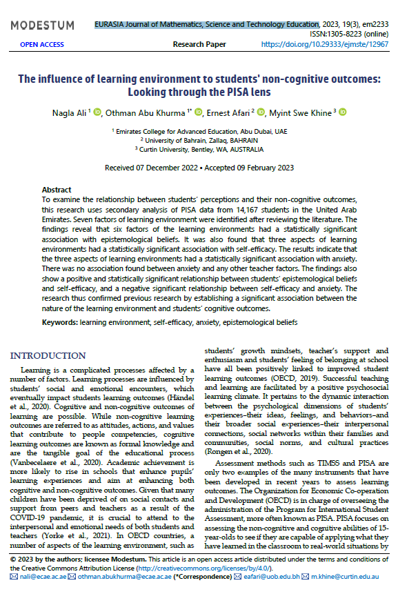 The influence of learning environment to students' non-cognitive outcomes: Looking through the PISA lens