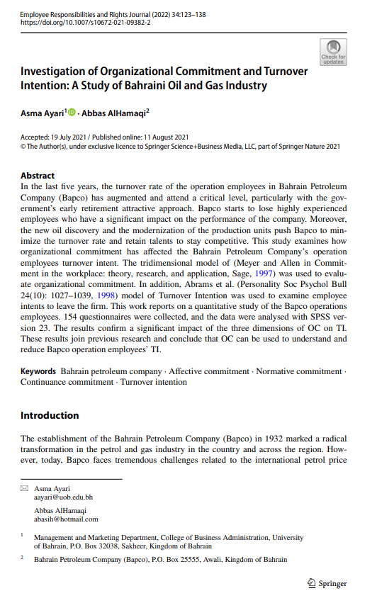 Investigation of Organizational Commitment and Turnover Intention: A Study of Bahraini Oil and Gas Industry