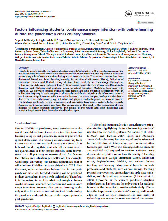 Factors influencing students’ continuance usage intention with online learning during the pandemic: a cross-country analysis