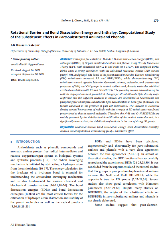 Rotational Barrier and Bond Dissociation Energy and Enthalpy: Computational Study of the Substituent Effects in Para-Substituted Anilines and Phenols