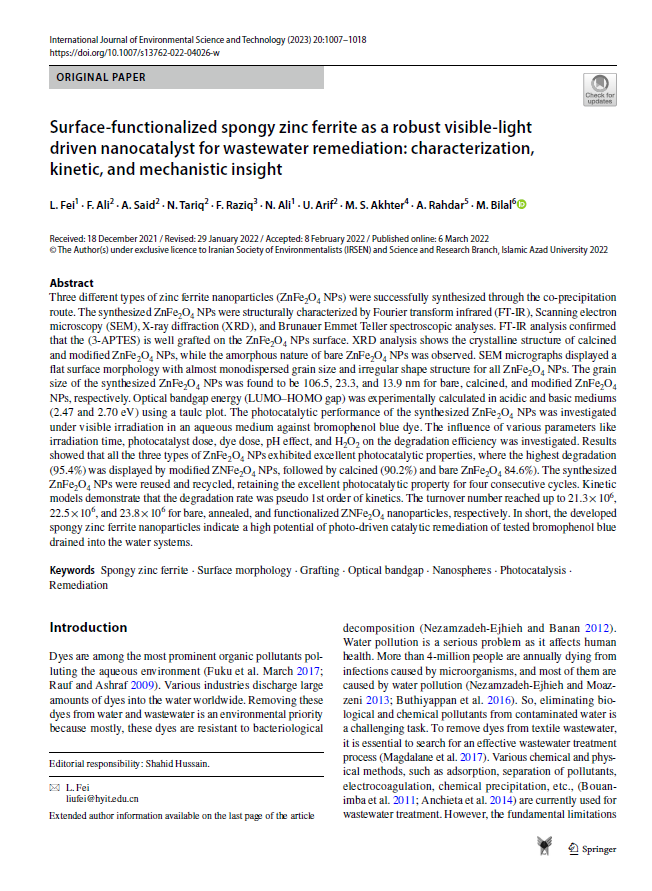 Surface-functionalized spongy zinc ferrite as a robust visible-light driven nanocatalyst for wastewater remediation: characterization, kinetic, and mechanistic insight