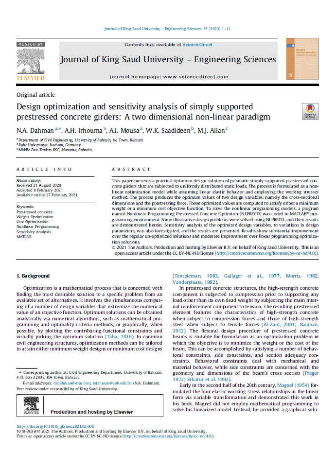 Design optimization and sensitivity analysis of simply supported prestressed concrete girders: A two dimensional non-linear paradigm