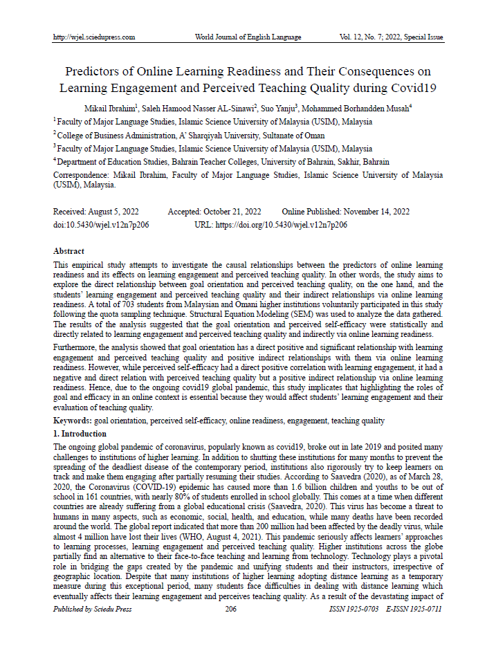 Predictors of Online Learning Readiness and Their Consequences on Learning Engagement and Perceived Teaching Quality during Covid19