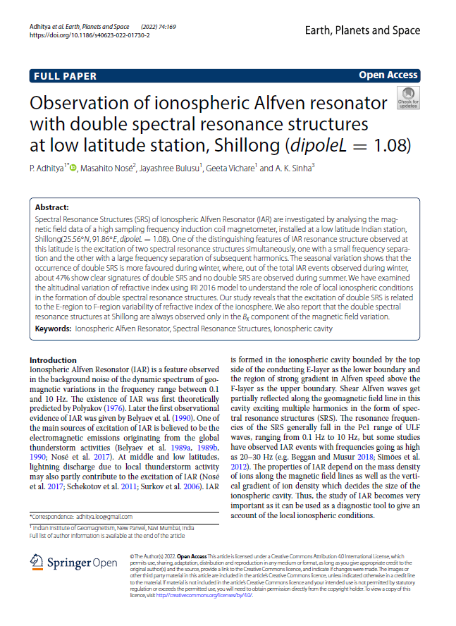 Observation of ionospheric Alfven resonator with double spectral resonance structures at low latitude station, Shillong