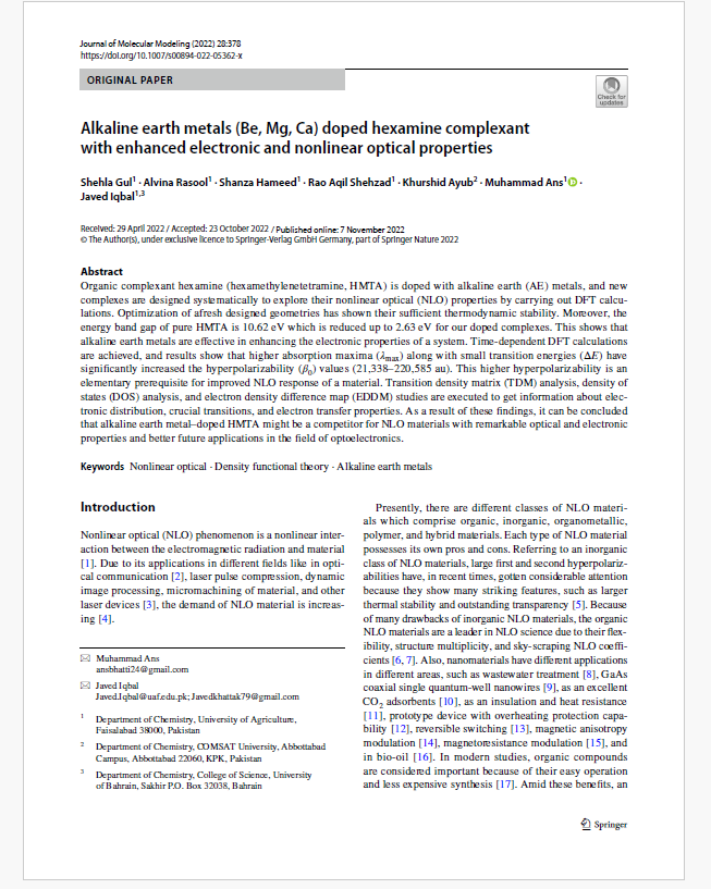 Alkaline earth metals (Be, Mg, Ca) doped hexamine complexant with enhanced electronic and nonlinear optical properties