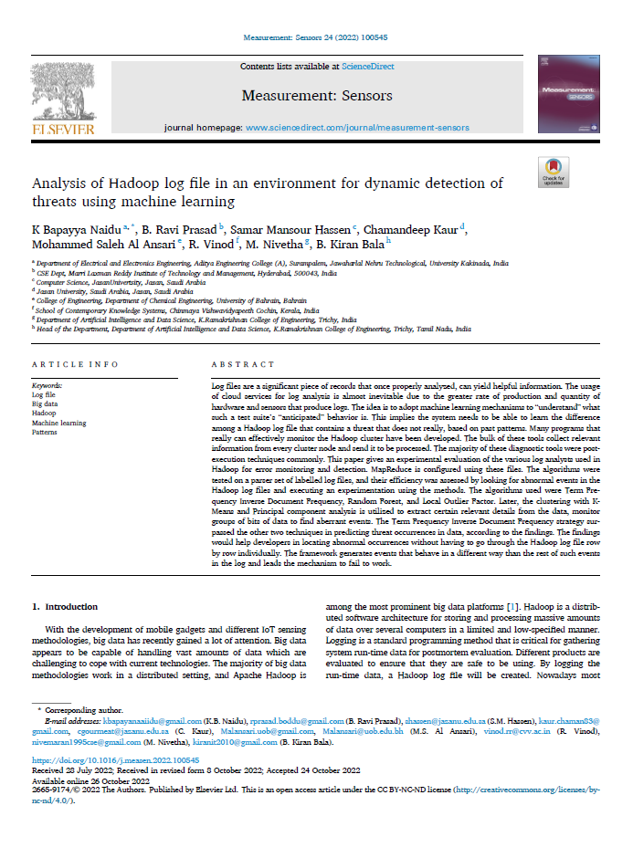 Analysis of Hadoop log file in an environment for dynamic detection of threats using machine learning