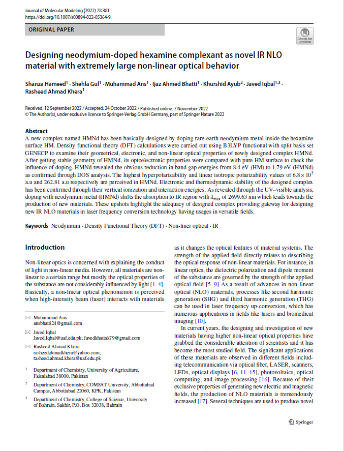 Designing neodymium‑doped hexamine complexant as novel IR NLO material with extremely large non‑linear optical behavior