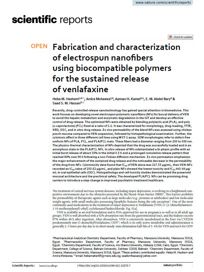 Fabrication and characterization of electrospun nanofibers using biocompatible polymers for the sustained release of venlafaxine