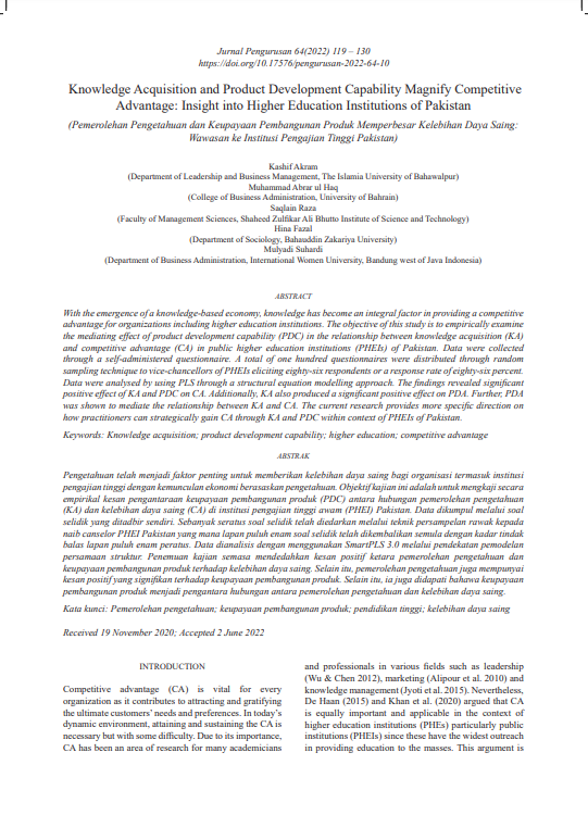 Knowledge Acquisition and Product Development Capability Magnify Competitive Advantage: Insight into Higher Education Institutions of Pakistan
